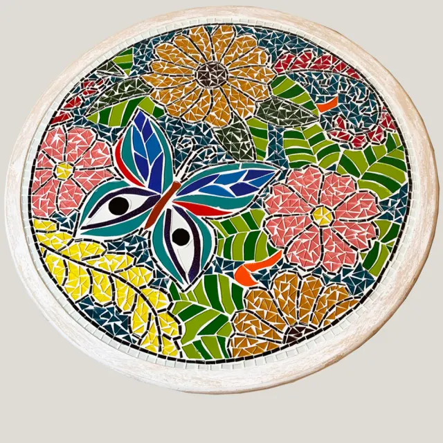 Centro De Mesa Giratóri Desenho Flores e Borboleta Em Mosaico 50cm